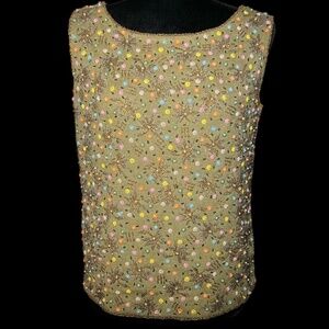 Robinson's - 50's Green Heavily Embellished Bead & Pearl Tank - Size Vintage 12